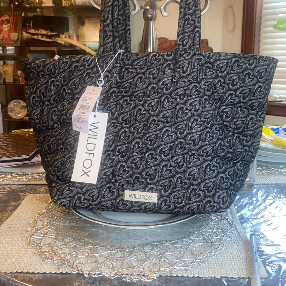 WILDFOX Black denim Heart Pattern Tote Bag! - Picture 3 of 11